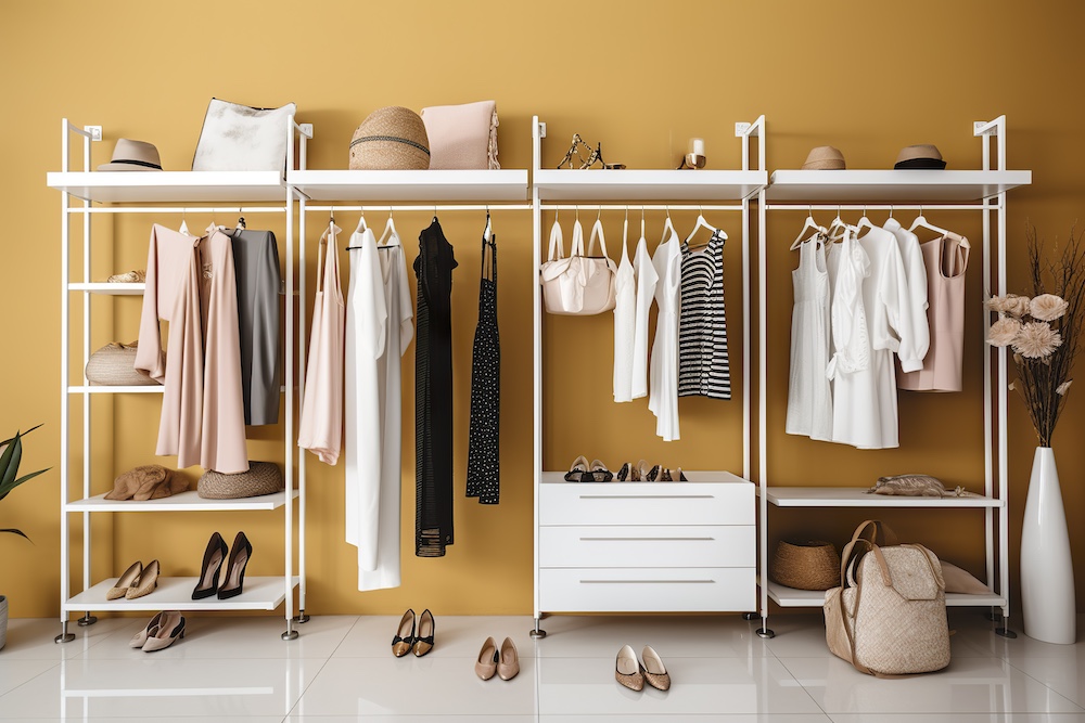 Stylish female clothes and shoes. Help with organizing closet.